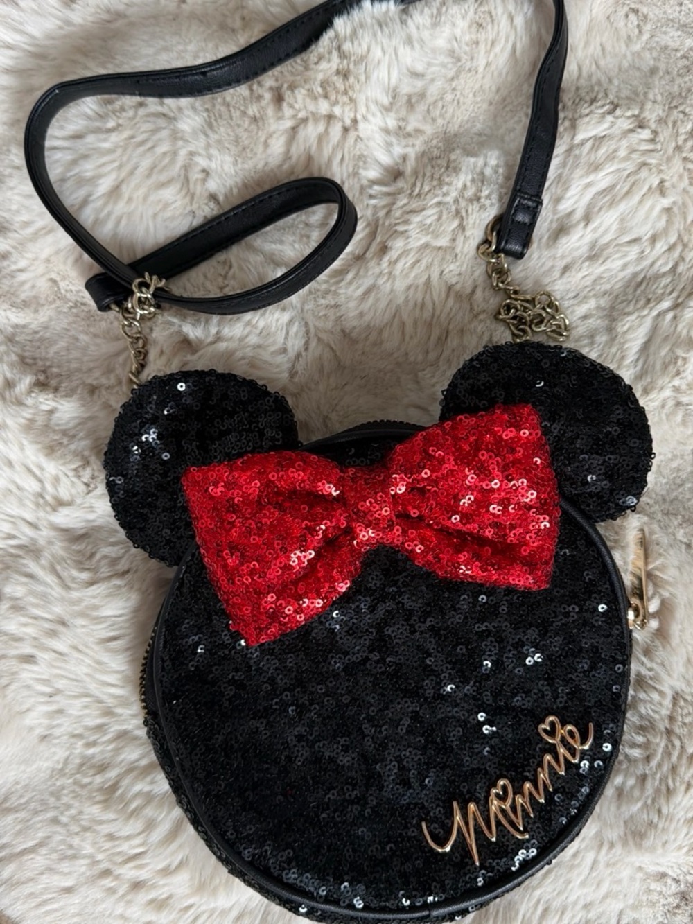 Disney Black Sequin Minnie Mouse Crossbody Bag with Red Bow